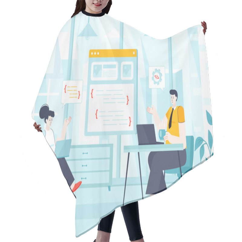 Personality  Programmer Working Concept In Flat Design. Colleagues Works In Office Scene. Man And Woman Coding, Create Website, App Or Program Interface. Vector Illustration Of People Characters For Landing Page Hair Cutting Cape