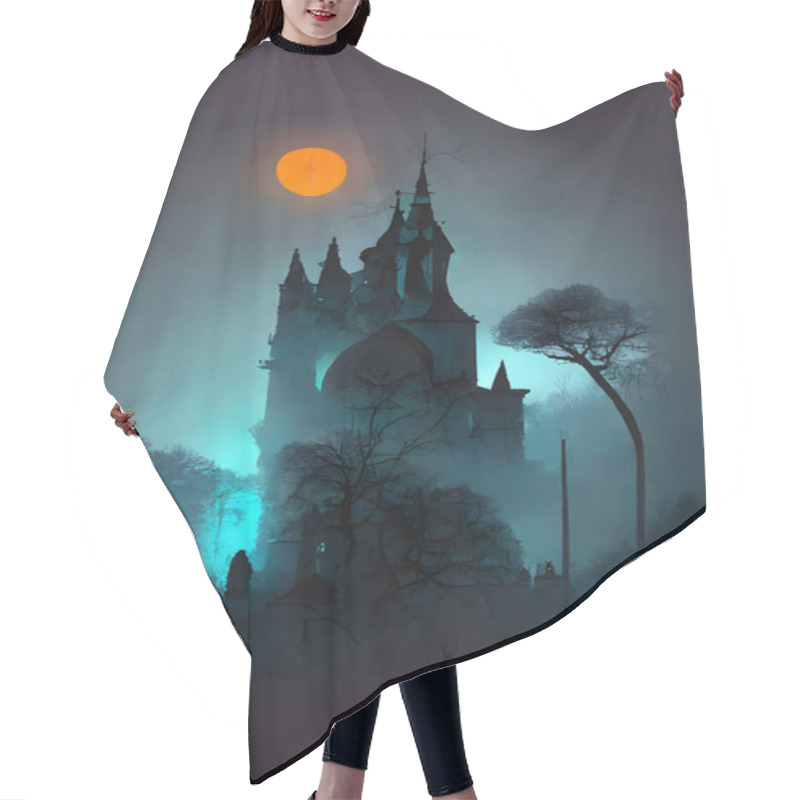 Personality  A Spooky Macabre Halloween Digital Painting, Greeting Card With A Gothic Castle, Cemetery, Trees, Moon. A Generative Artwork. Hair Cutting Cape