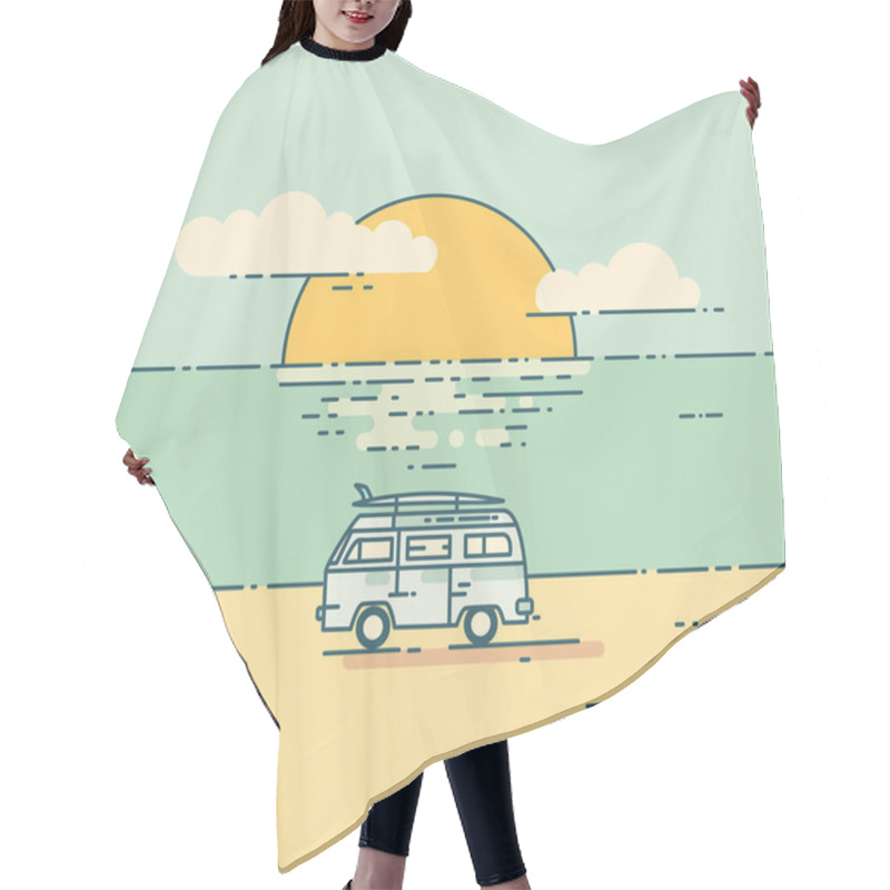 Personality  Minivan With Sunset Landscape. Hair Cutting Cape