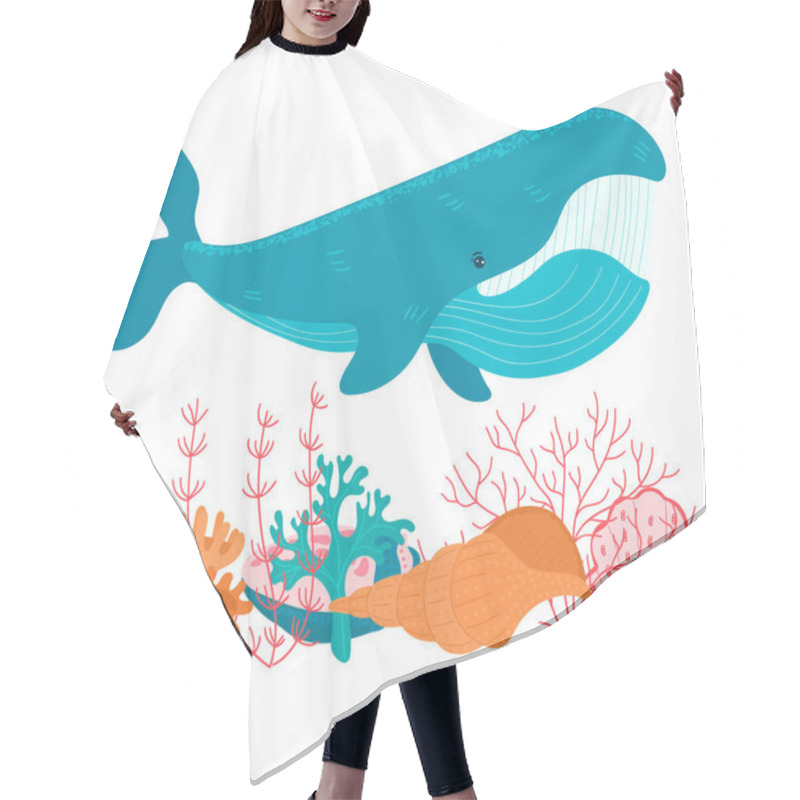 Personality  Cartoon Big Blue Whale And Marine Small Seashell And Algae On The Ocean Bottom Isolated On White, Vector, Illustration Hair Cutting Cape