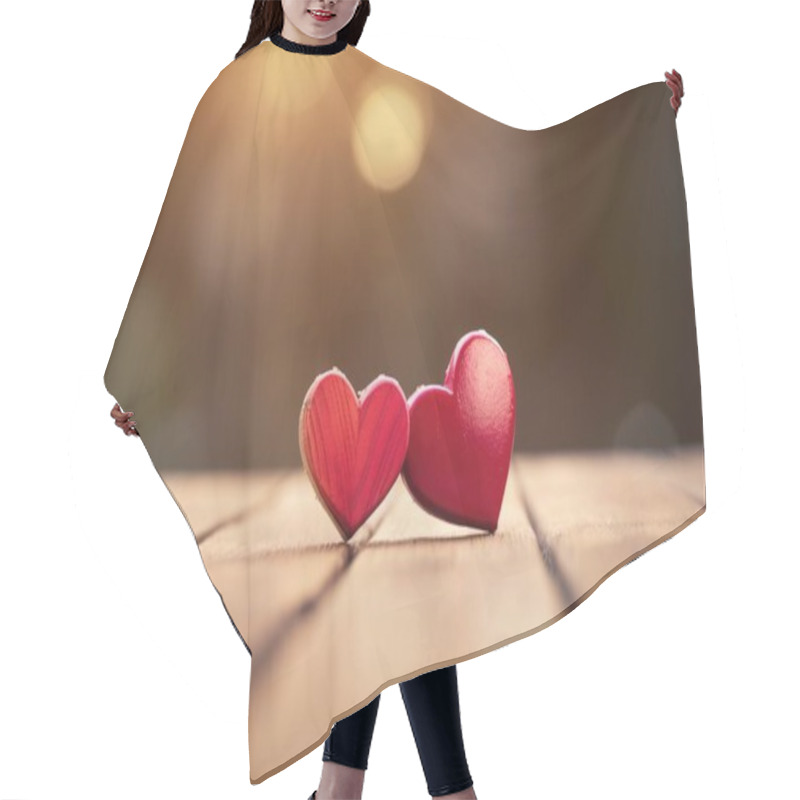 Personality  Two Red Hearts On A Wooden Surface, In The Style Of Lighthearted, Pink Core AI Hair Cutting Cape