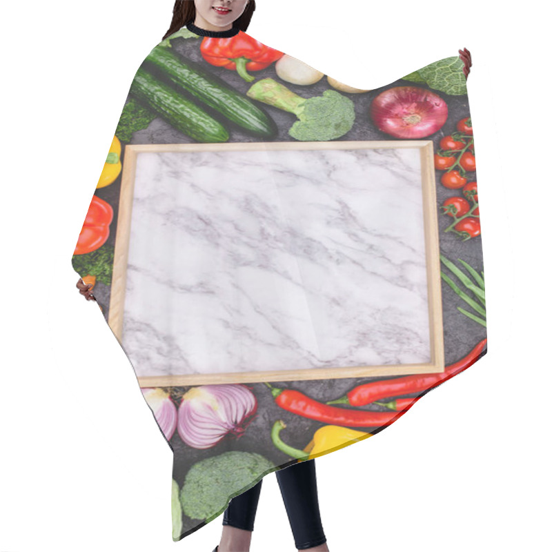 Personality  Top View Of Fresh Raw Vegetables And Blank Marble Board On Black Hair Cutting Cape