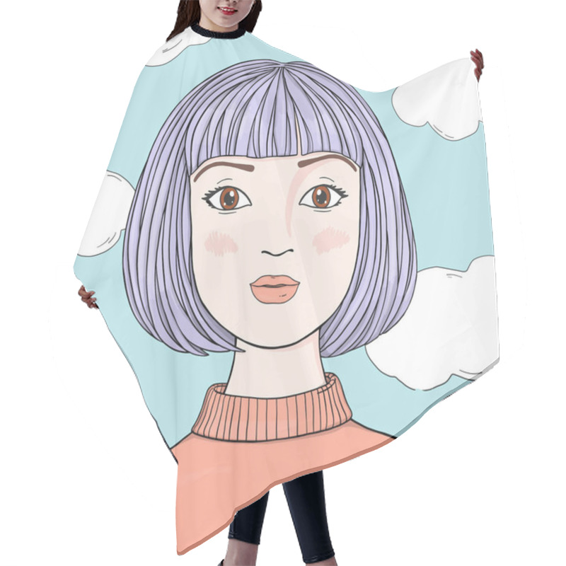 Personality  Portrait Of A Beautiful Woman With Purple Hair On The Background Of The Sky With Clouds. Hair Cutting Cape