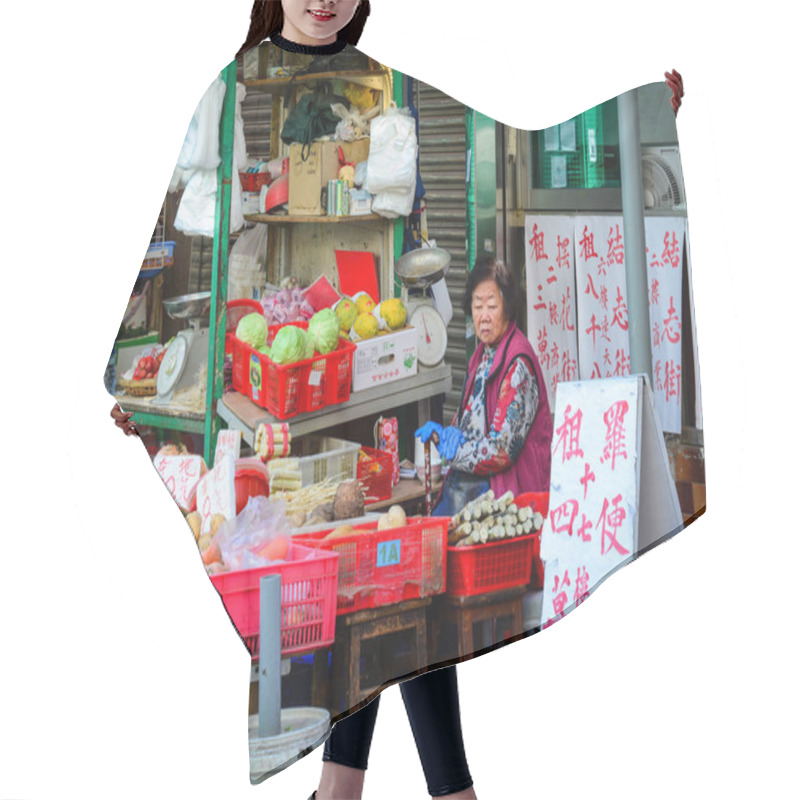 Personality  Selling Fruits At Local Market In Hong Kong  Hair Cutting Cape