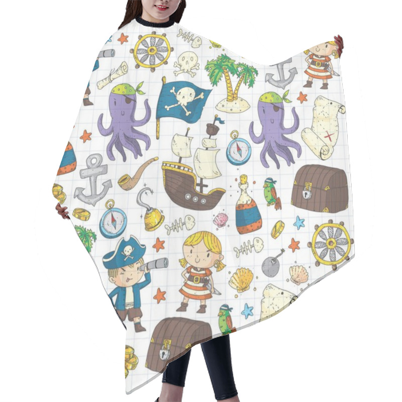 Personality  Pirate Adventures Pirate Party Kindergarten Pirate Party For Children Adventure, Treasure, Pirates, Octopus, Whale, Ship Kids Drawing Vector Pattern For Banners, Leaflets, Brochure, Invitations Hair Cutting Cape