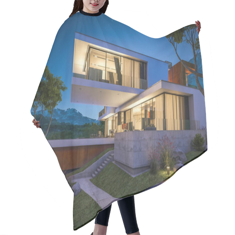 Personality  3d Rendering Of Modern House By The River At Night Hair Cutting Cape