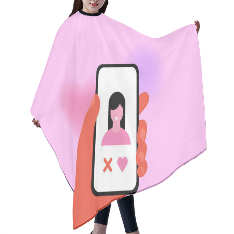 Personality  Hand Holding Phone. Online Dating App. Match. Like And Dislike. Vector Hair Cutting Cape