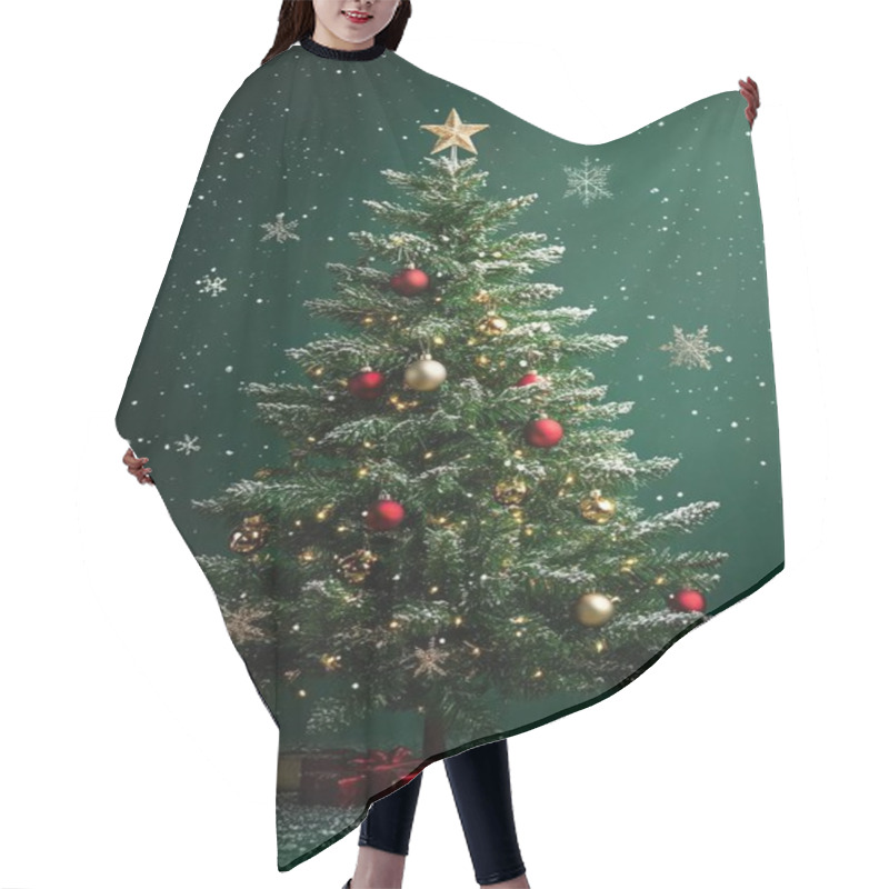 Personality  Decorative Christmas Tree With Ornaments And Gifts Against A Snowy Green Backdrop. Hair Cutting Cape