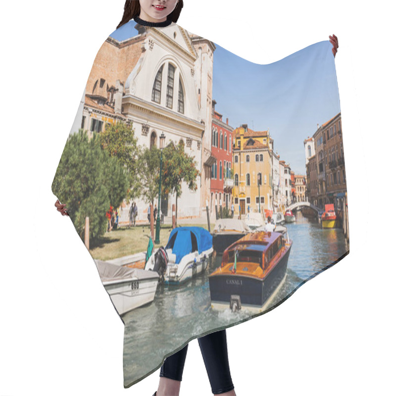 Personality  VENICE, ITALY - SEPTEMBER 24, 2019: Vaporetto Floating On Canal Near Ancient Buildings In Venice, Italy  Hair Cutting Cape