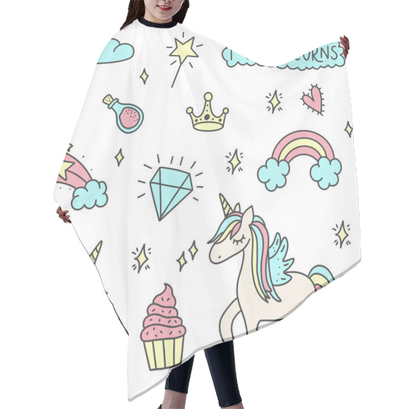 Personality  Unicorn And Magic Doodles. Cute Unicorn And Pony Collection With Magic Items. Hand Drawn Line Style. Vector Doodles Illustrations.  Hair Cutting Cape