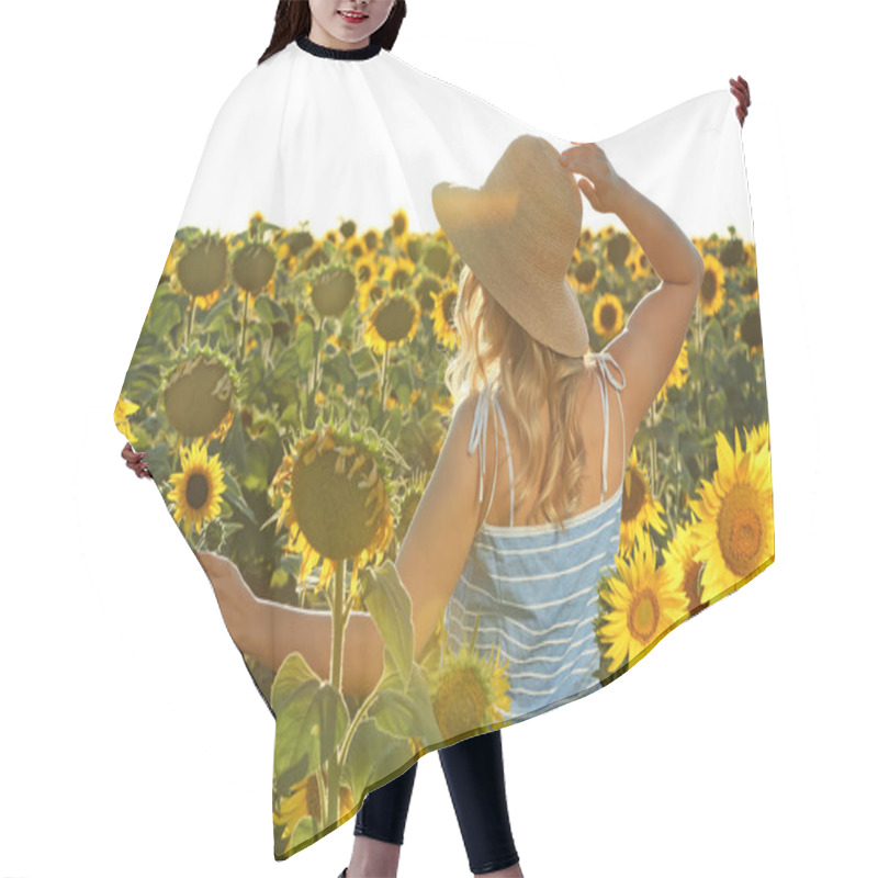 Personality  Young Woman Dancing In Sunflower Field Hair Cutting Cape