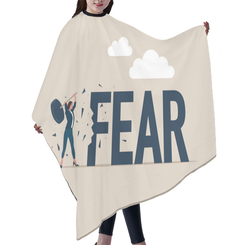 Personality  Female Holding Sledgehammer Hitting FEAR Word. Overcoming Fear Concept. Flat Vector Illustration Hair Cutting Cape