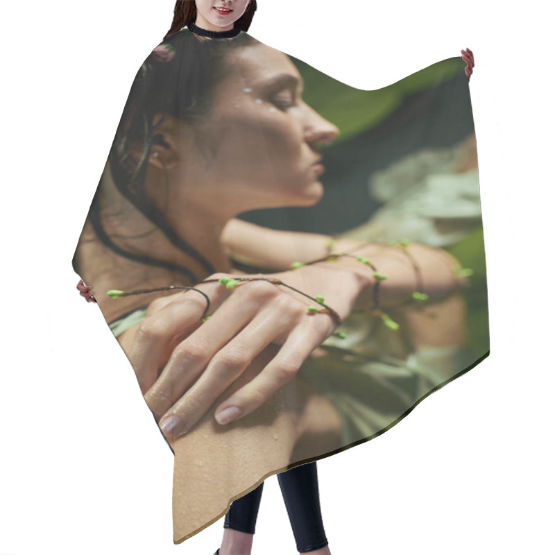 Personality  Woman With Flowers Poses Near Swamp, Arms Wrapped In Serene Embrace. Hair Cutting Cape