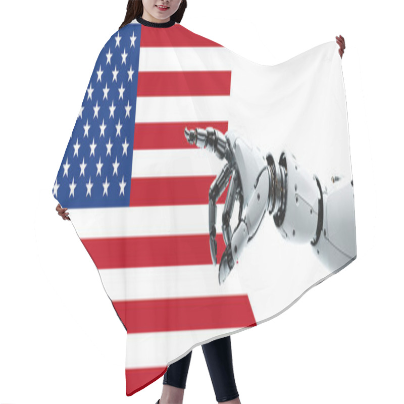 Personality  Flag Of The United States Of America And Robot Arm With Hand Pointing, AI Technology, White Humanoid Android, Artificial Intelligence, Autonomous Robot Design Hair Cutting Cape