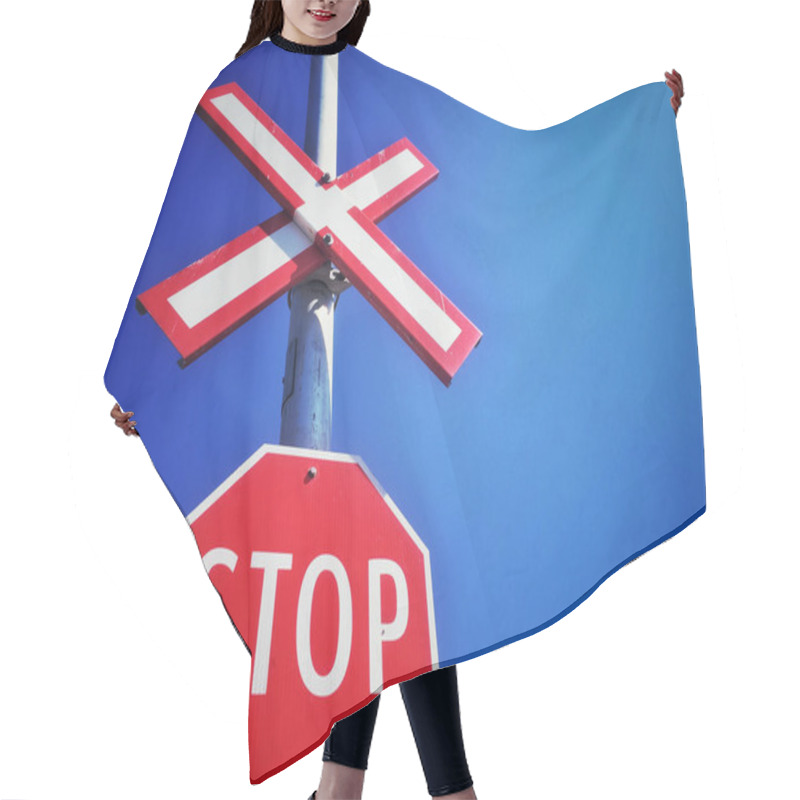 Personality  Red Stop Sign At Railway Crossing Against Deep Blue Sky, North America. Hair Cutting Cape