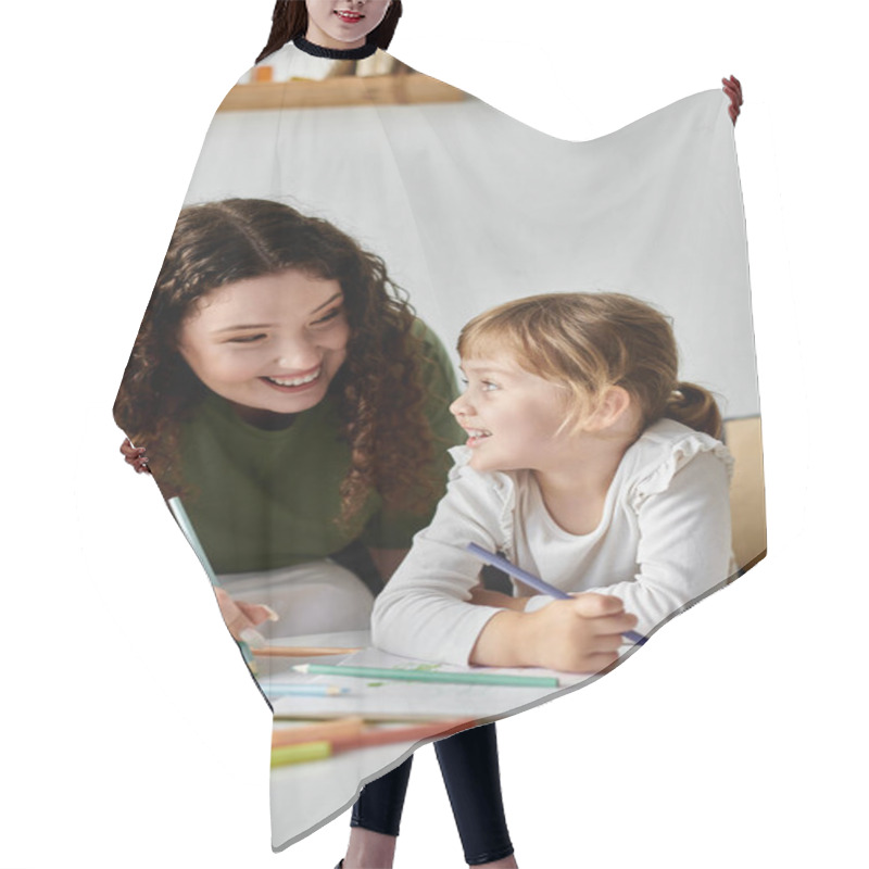 Personality  A Loving Moment Captured As A Mother And Daughter Enjoy Drawing Together With Vibrant Colors. Hair Cutting Cape