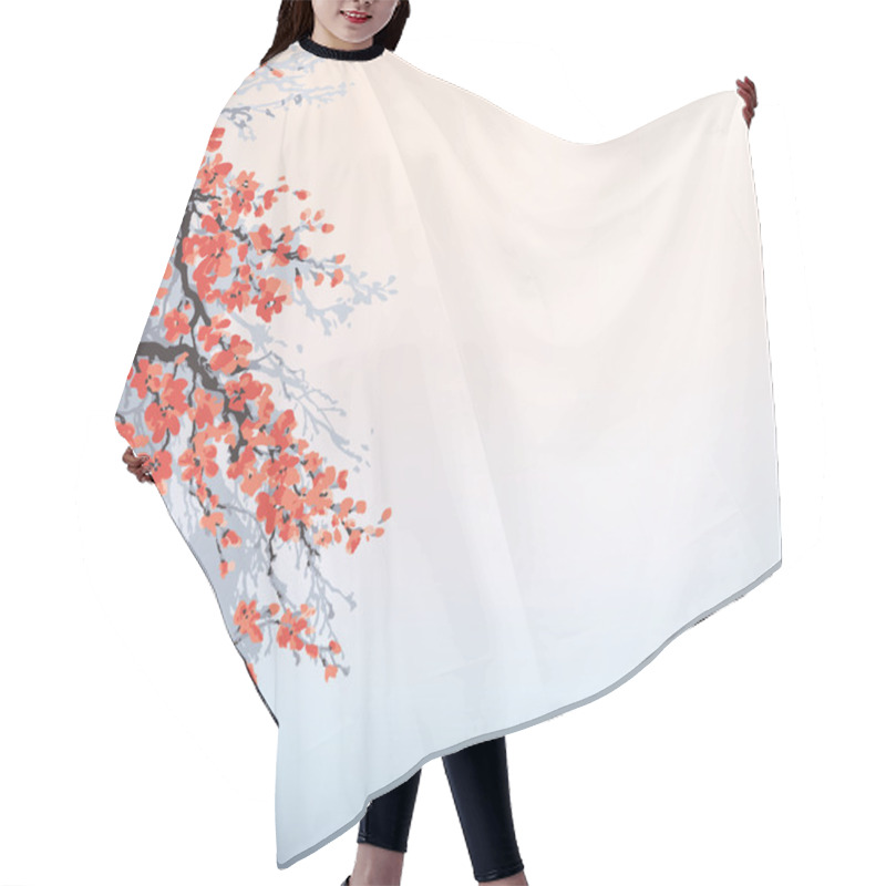 Personality  Vector Background In Japanese Style. Blossoming Cherry Branches Hair Cutting Cape