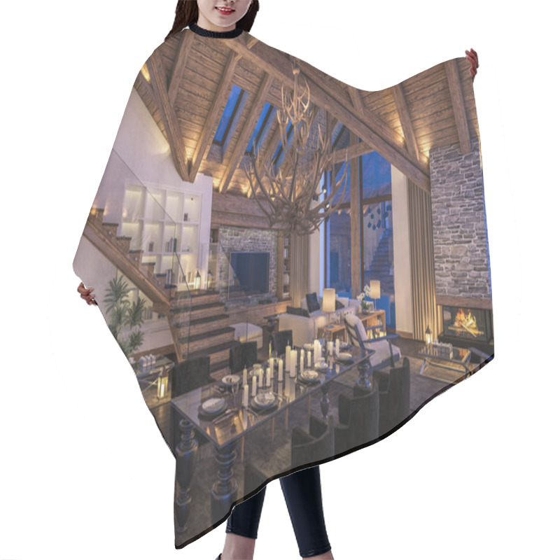 Personality  3D Rendering Of Evening Living Room Of Chalet Hair Cutting Cape