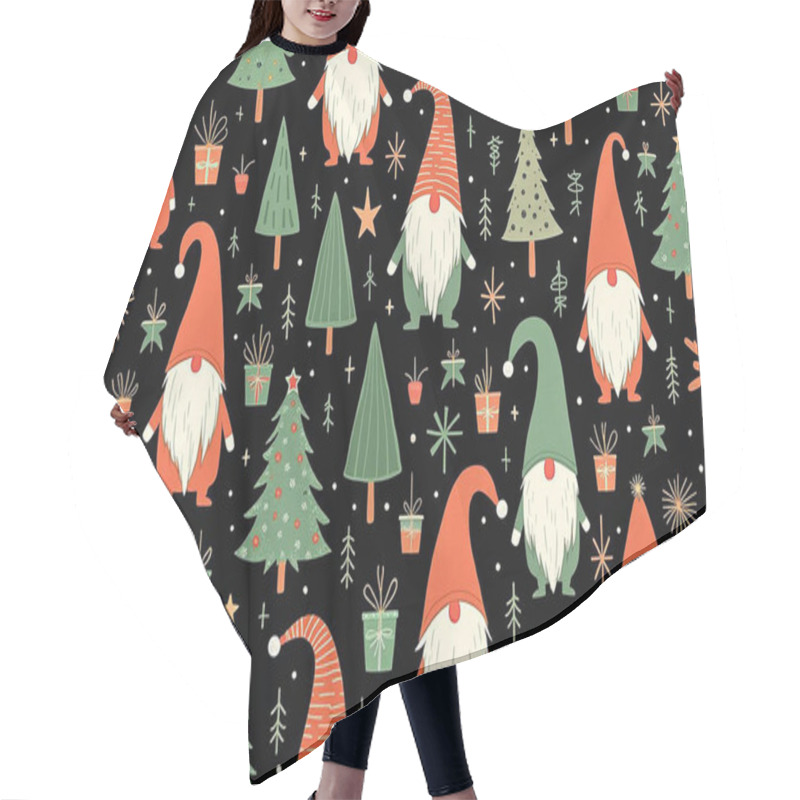 Personality  Christmas Pattern, Festive Elements, Cute Gnomes, Green And Orange Christmas Trees, Black Background Hair Cutting Cape