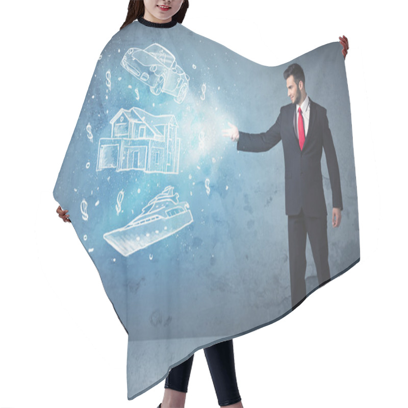 Personality  Rich Person Throwing Hand Drawn Car Yacht And House Hair Cutting Cape