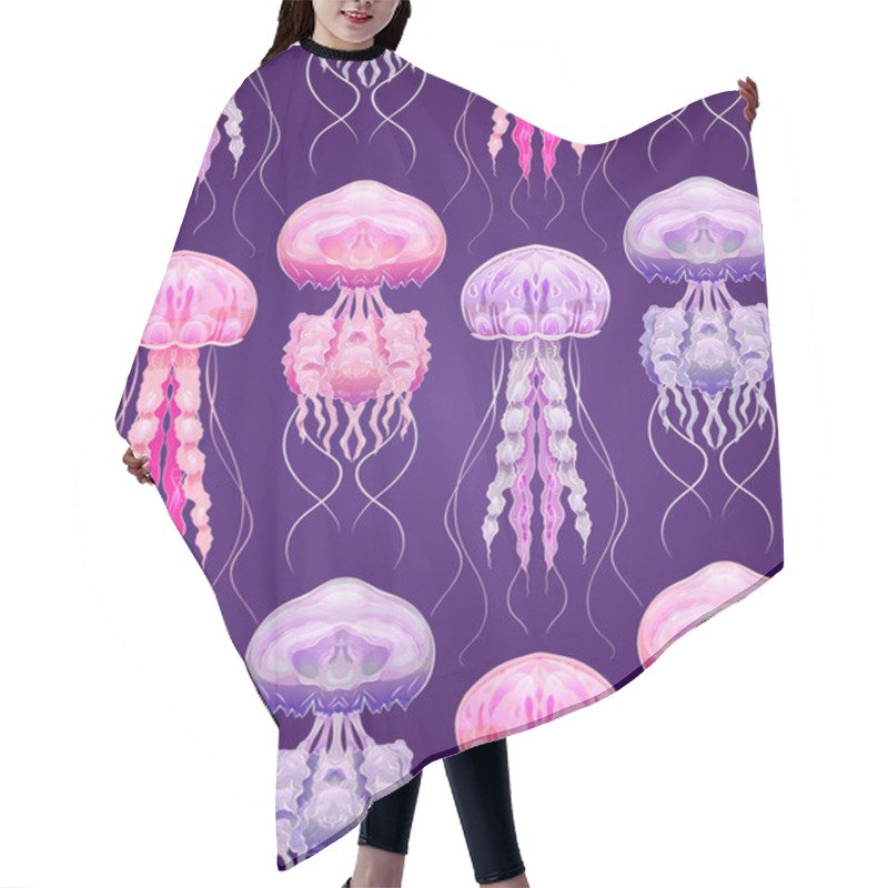 Personality  Neon Cartoon Pattern Fluorescent Jellyfish On A Purple Background. Underwater Sea World. Ocean Dwellers. Vector Texture For Fabrics, Wallpapers And Your Design. Hair Cutting Cape