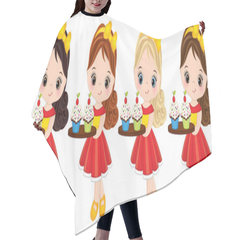 Personality  Vector Cute Little Girls Holding Trays With Cupcakes Hair Cutting Cape