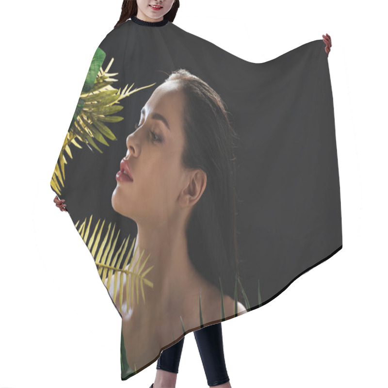 Personality  Beautiful Woman Near Green Leaves Isolated On Black Hair Cutting Cape