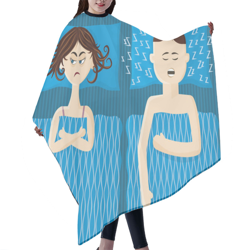 Personality  Man Snores Loudly. Woman Can Not Sleep. Sleep Problems Because Of To Snoring.Illustration Of A Couple In Flat Style.  Hair Cutting Cape