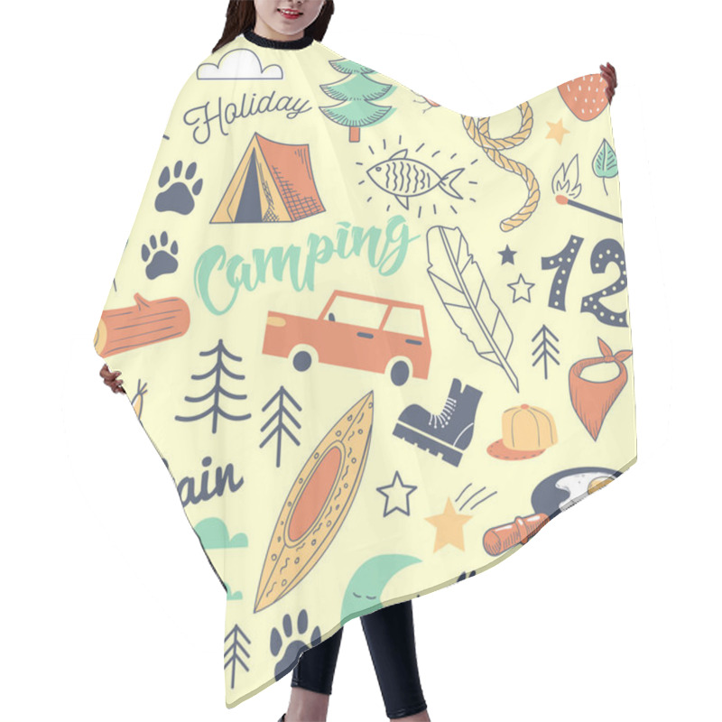 Personality  Camping Freehand Hand Drawn Doodle. Mountain Holidays With Tent, Animals And Forest. Vector Illustration Hair Cutting Cape