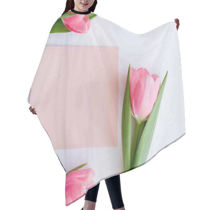 Personality  Top View Of Pink Tulips Near Pastel Envelope On White Hair Cutting Cape