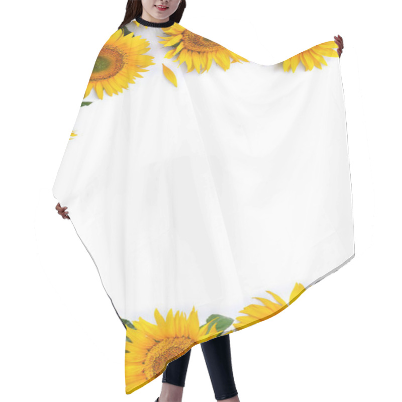 Personality  Flowers Sunflower ( Helianthus Annuus ) With Leaves On White Background With Space For Text. Top View, Flat Lay Hair Cutting Cape