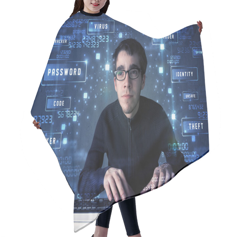 Personality  Hacker Programing In Technology Enviroment With Cyber Icons  Hair Cutting Cape