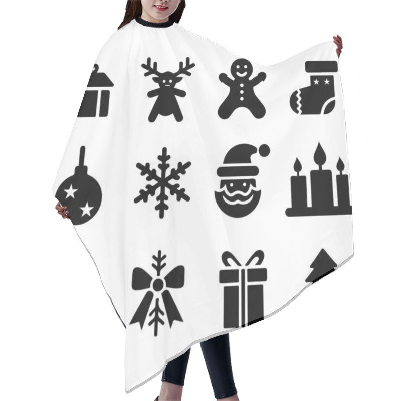 Personality  This Image Features A Set Of Nine Black And White Christmas-themed Icons. The Icons Include A Christmas Tree, Gingerbread Man, Stocking, Holly With Bells, Reindeer, Santa Claus, Candy Cane, Christmas Ornament, And A Gift Box. These Simple Yet Iconic  Hair Cutting Cape