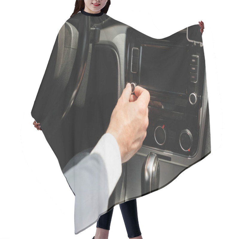 Personality  Cropped View Of Businessman Adjusting Vehicle Audio System While Driving Car  Hair Cutting Cape