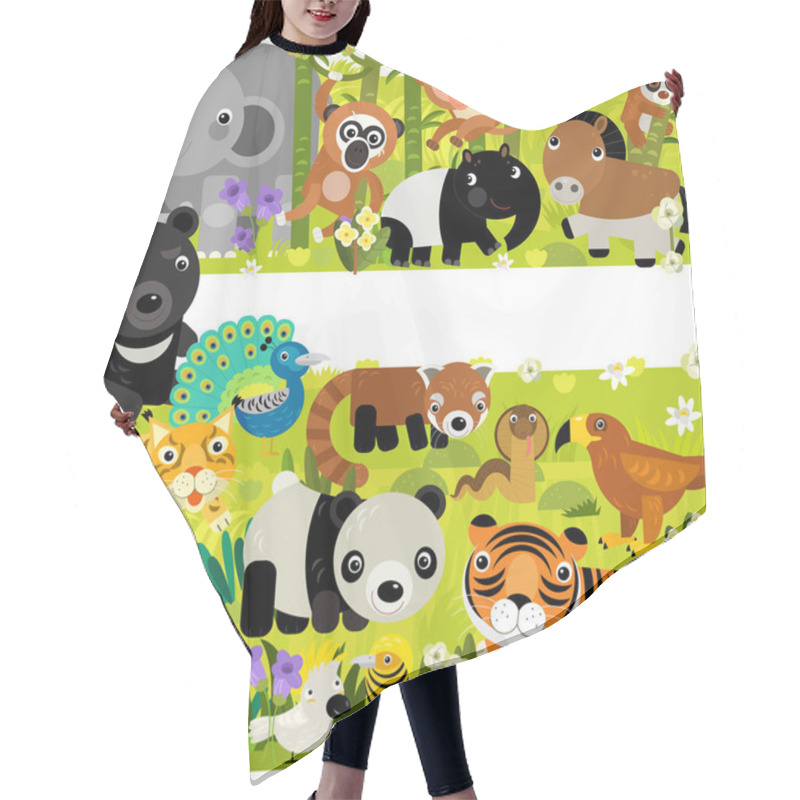 Personality  Cartoon Scene With Different Asian Animals In The Forest Illustration For Children Hair Cutting Cape