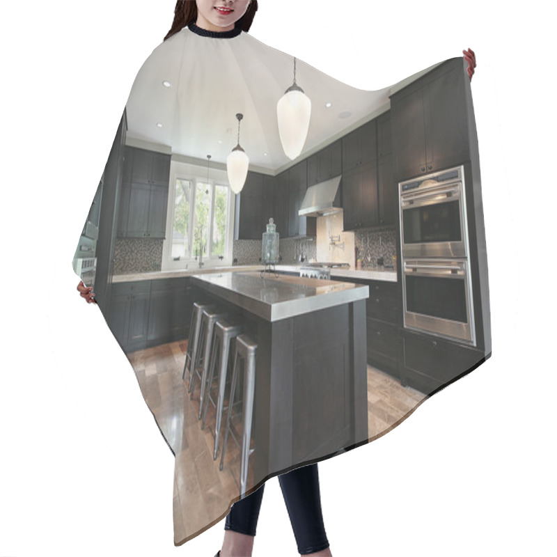 Personality  Kitchen With Dark Wood Cabinetry Hair Cutting Cape