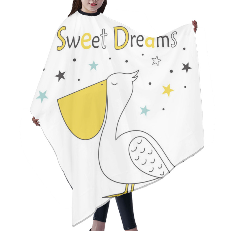 Personality  Hand Drawn Cute Pelican Doodle Illustration With Lettering Sweet Dreams And Stars, Cute Summer Time Illustration Hair Cutting Cape