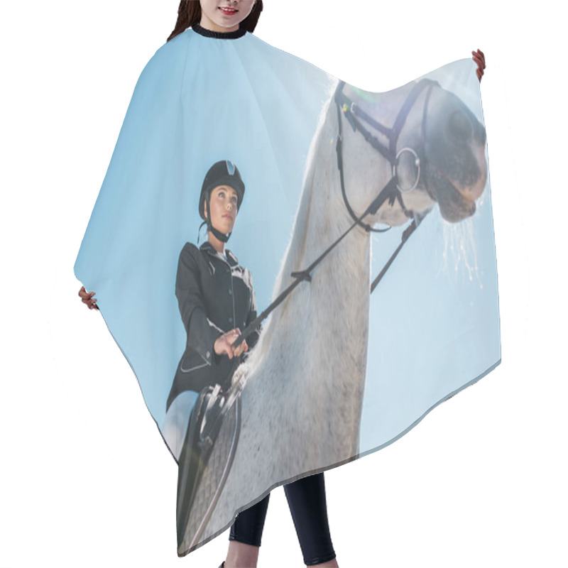 Personality  Low Angle View Of Attractive Female Equestrian Riding Horse Against Blue Sky Hair Cutting Cape