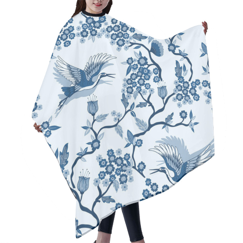 Personality  Classic Blue Crane Birds And Plants Chinese Japanese Vector Seamless Pattern Hair Cutting Cape