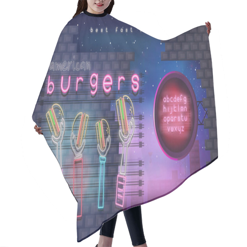 Personality  Modern Urban Design Of Neon Glowing Sign For Burger Cafe Logo, Emblem. Bright Signboard In Night Town For Fast Food Restaurant, Bar Or Pub. Billboard On City Road. Vector Illustration. Hair Cutting Cape