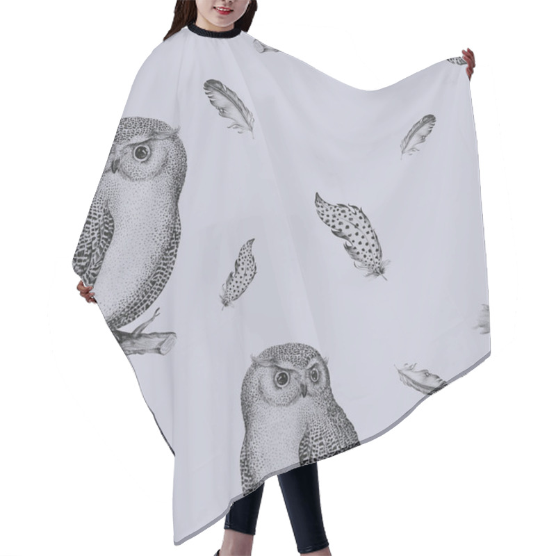 Personality  Hand Drawn Isolated  Black White Seamless Pattern Owl Fly Bird. Hair Cutting Cape