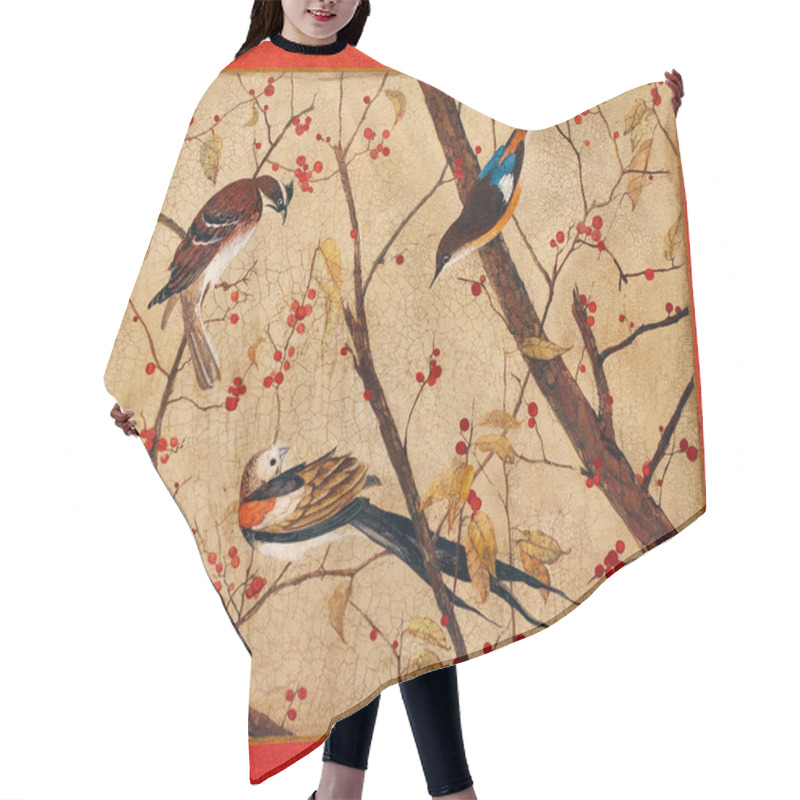 Personality  Birds Are Sitting On The Branches With Red Berries. Handmade Vin Hair Cutting Cape