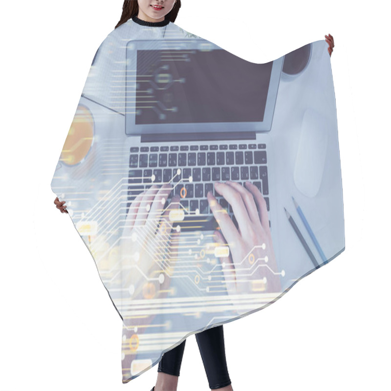 Personality  Multi Exposure Of Man's Hands Typing Over Computer Keyboard And Data Theme Hologram Drawing. Top View. Technology Concept. Hair Cutting Cape