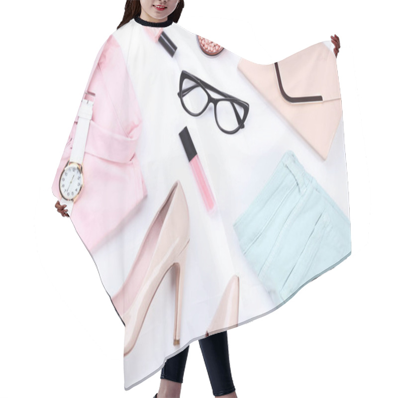 Personality  Stylish Women's Clothes With Accessories On White Background Hair Cutting Cape