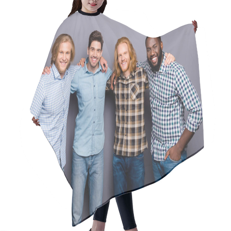 Personality  Best Friends Forever. Portrait Of Positive Four Man Fellows Hug Embrace Enjoy Team Support Respect Wear Good Look Clothes Isolated Over Gray Color Background Hair Cutting Cape