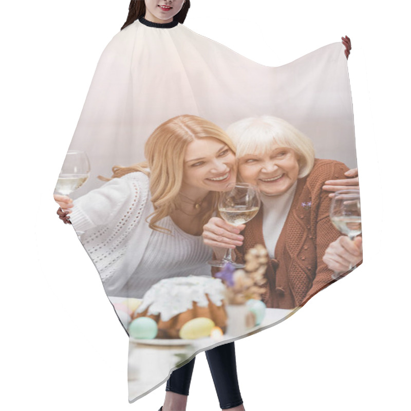 Personality  Happy Mother And Daughter With Wine Glasses Embracing During Easter Dinner Hair Cutting Cape