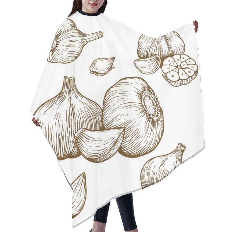 Personality  Engraving Illustration Of Garlic Hair Cutting Cape