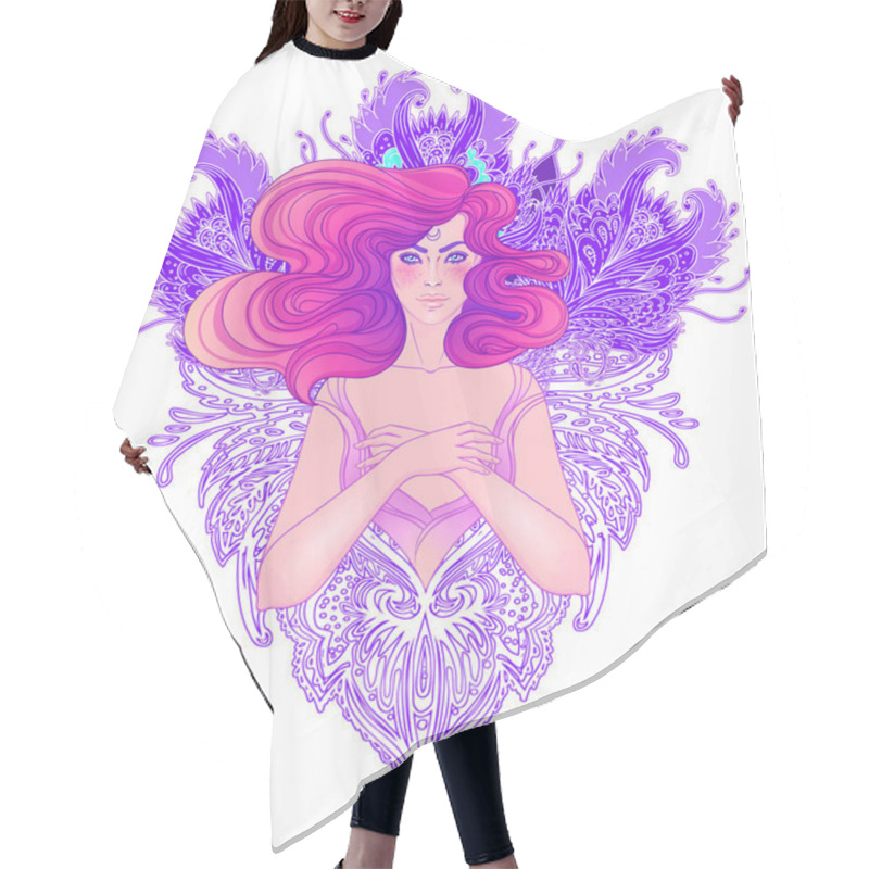 Personality  Pretty Fairy Elf. Portrait Of Young Woman View With Long Hair. Pixie Pagan Princess. Vector Isolated Illustration. Fantasy, Spirituality, Occultism, Tattoo. Sticker Design. Hair Cutting Cape