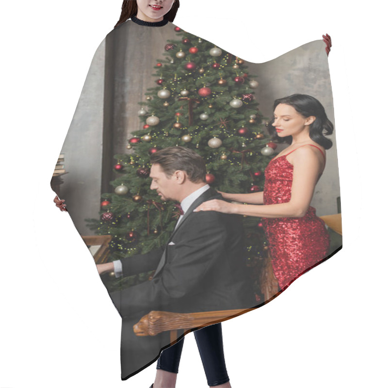 Personality  Wealthy Couple, Brunette Woman In Red Dress Standing Near Husband Playing On Piano, Merry Christmas Hair Cutting Cape