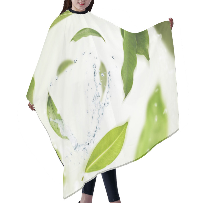 Personality  Vividly Flying In The Air Green Tea Leaves Isolated On White Bac Hair Cutting Cape